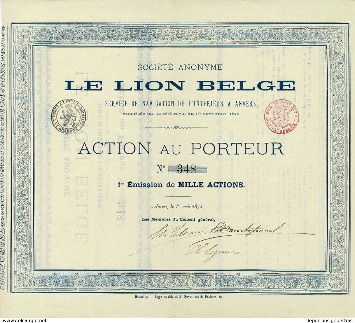 - Lot De 5 Titres De 1873 - Société Anonyme - Le Lion Belge - Service De Navigation De L'Intérieur à  Anvers - Rare - Navy