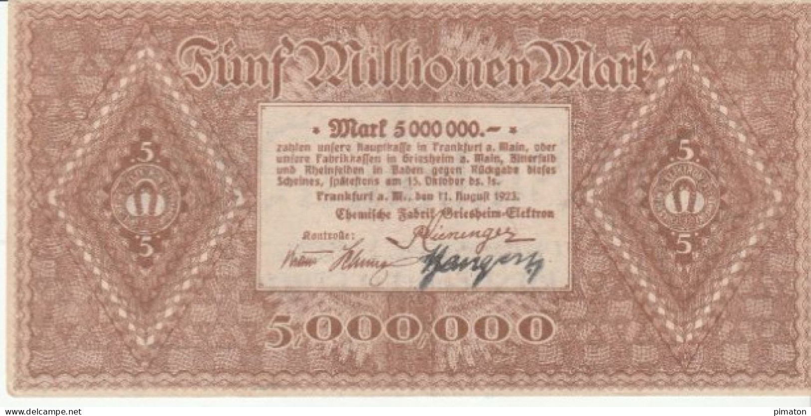 5 000 000 Mark CHEMISCHE FABRIK GRIESHEIM - ELEKTRON 11 Aout 1923 - Sonstige – Europa