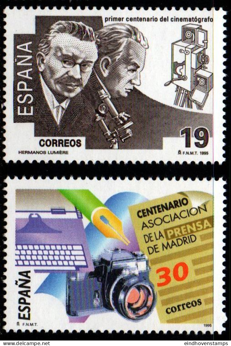 Spain 1995 Press Association 100 Year 2 Values MNH Lumiere, Photo Camera, Microscope, Typewriter - Autres & Non Classés