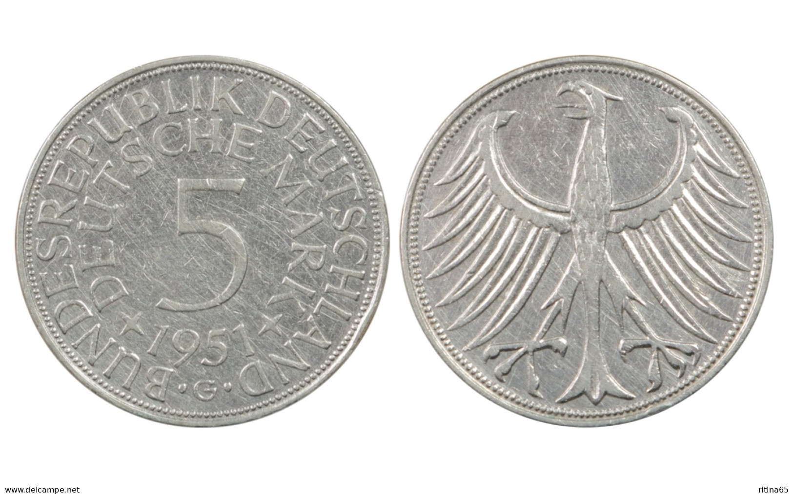 GERMANIA !!! 5 MARK 1951 G IN ARGENTO KM# 112 - 5 Marcos