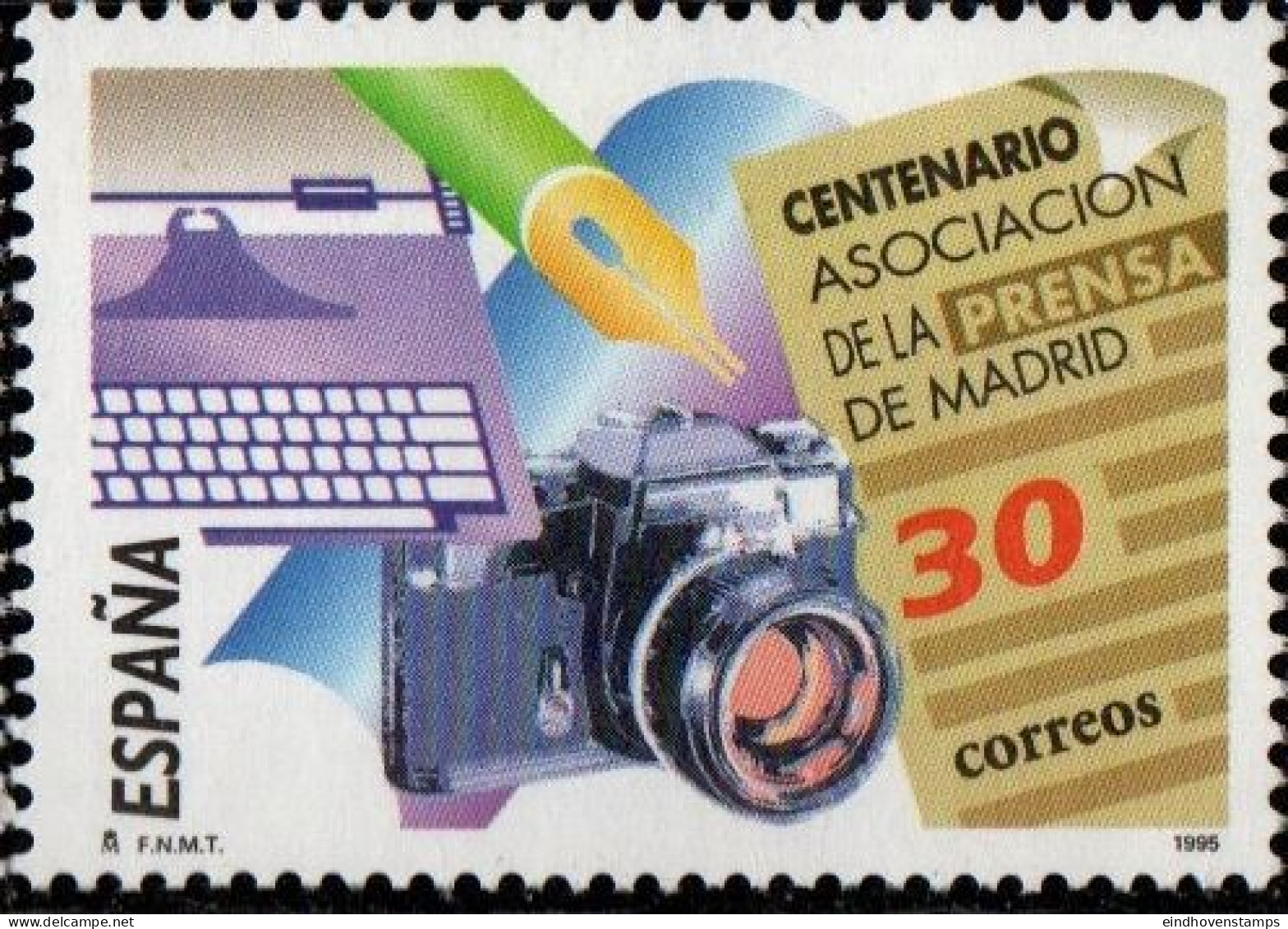 Spain 1995 Typewriter - Photo Camera  - Press Association 100 Year 1 Value MNH - Sonstige & Ohne Zuordnung