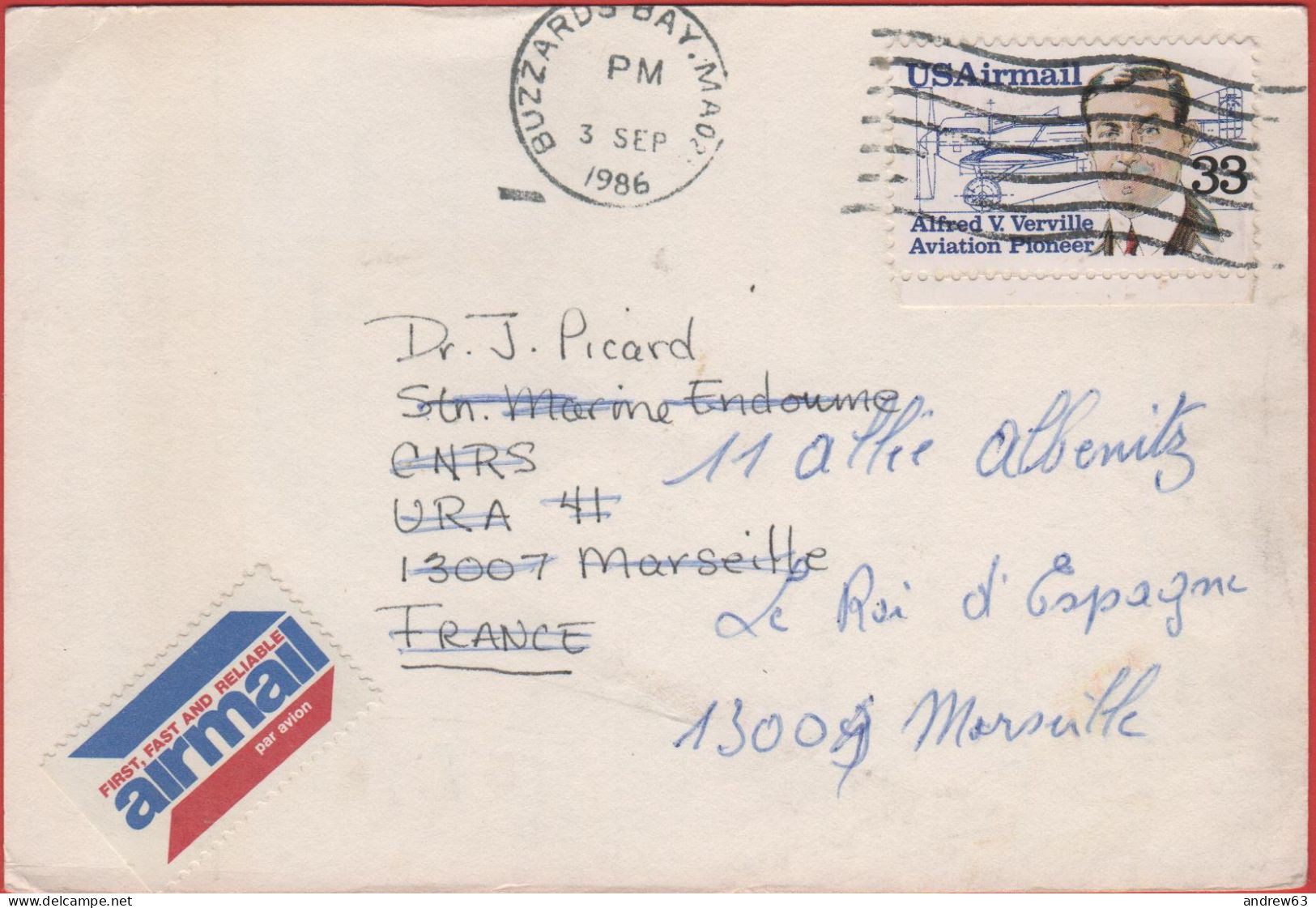 STATI UNITI - UNITED STATES - USA - US - 1986 - 33c Alfred V. Verville Air Mail -Viaggiata Da Buzzards Bay Per Marseille - Covers & Documents