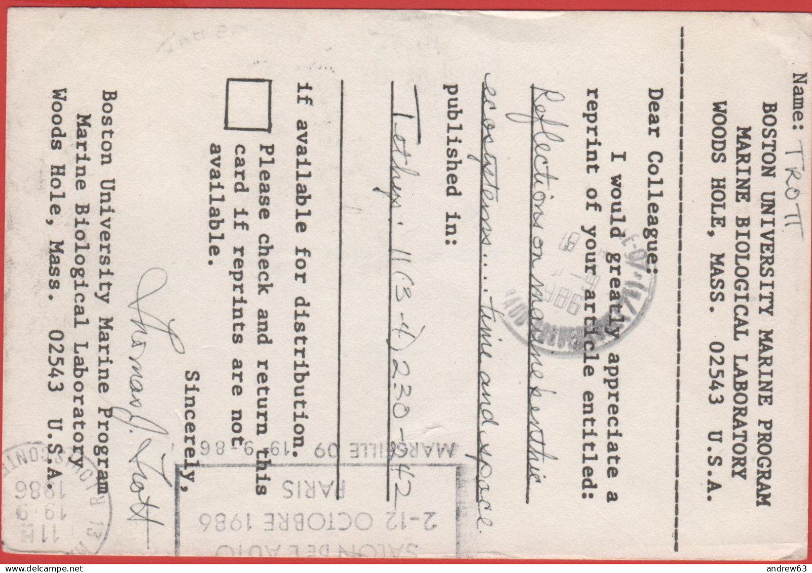 STATI UNITI - UNITED STATES - USA - US - 1986 - 33c Alfred V. Verville Air Mail -Viaggiata Da Buzzards Bay Per Marseille - Cartas & Documentos