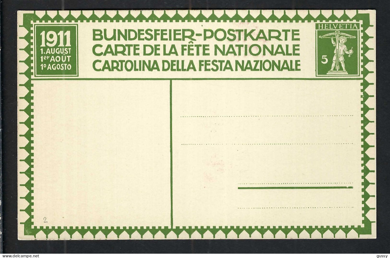 SUISSE Ca.1911: CP Entier De 5c De La Fête Nationale Suisse Neuve - Entiers Postaux