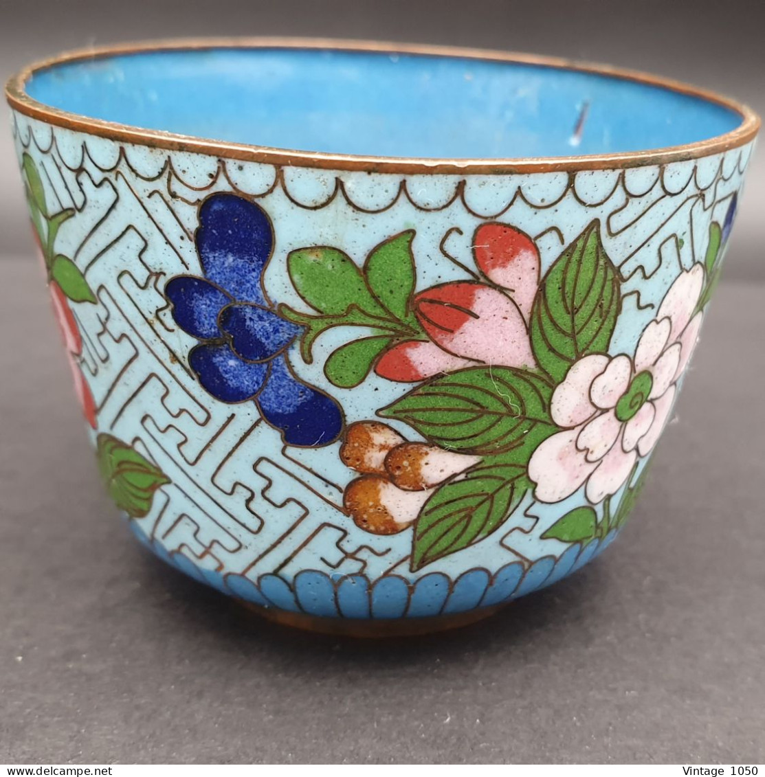 Bol Cloisonné Bleu XVIIIe QIANLONG  Diam 7cm Floral #230720 - Asian Art