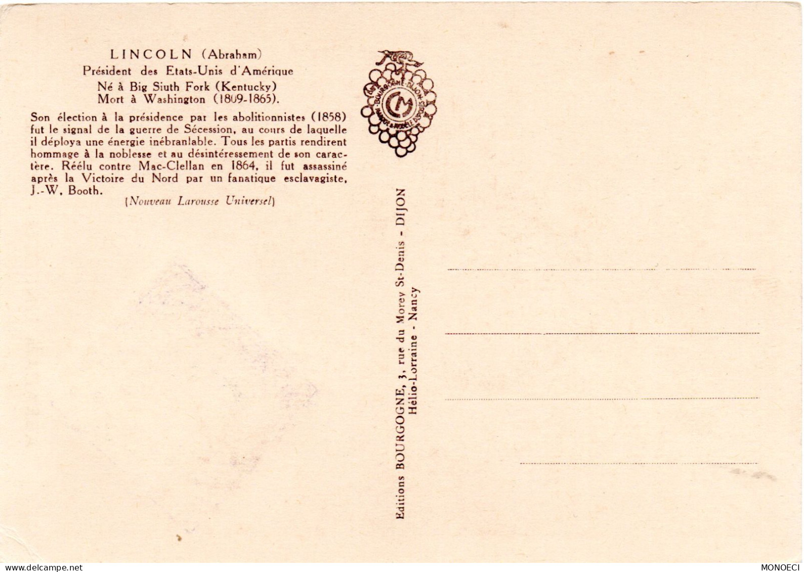 MONACO -- MONTE CARLO -- Carte Postale MAXIMUN -- Abraham LINCOLN 1809 - 1865 - Oblitérés