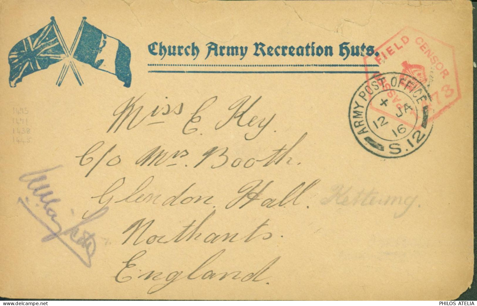 Guerre 14 Church Army Recreation Huts Drapeaux France Angleterre CAD APO Army Post Office S12 12 JA 16 Censure Harfleur - Guerra De 1914-18