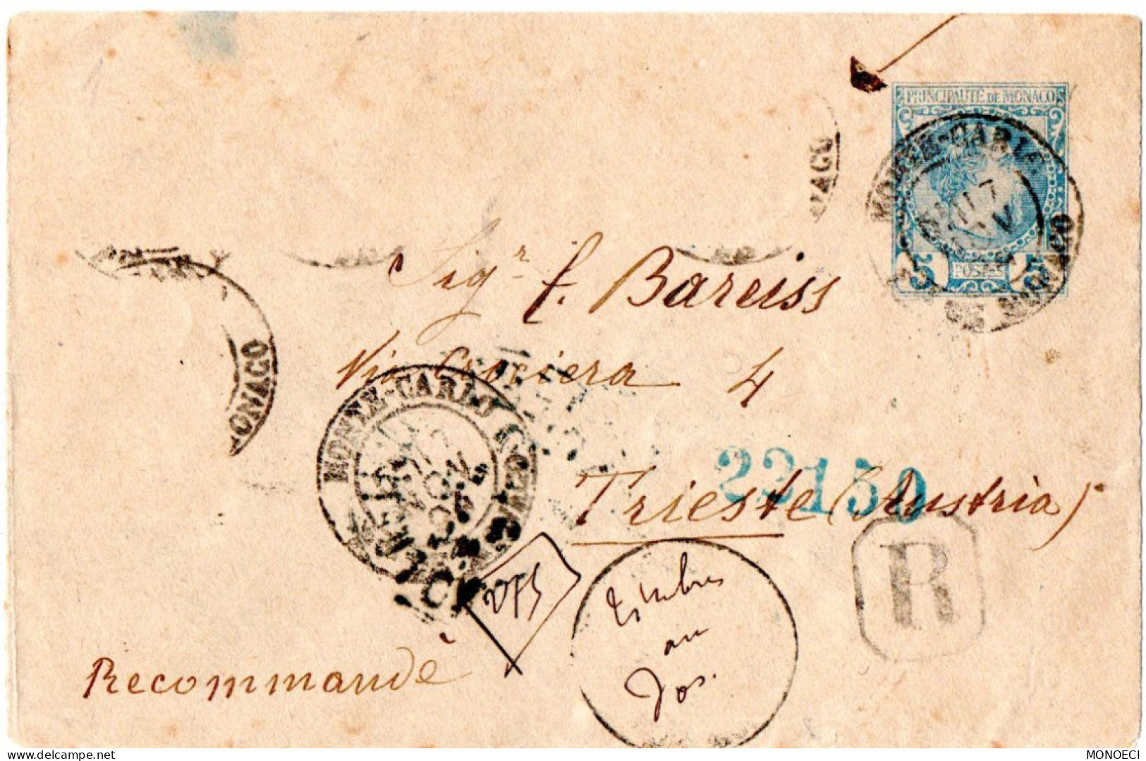 MONACO -- MONTE CARLO -- Entier Postal -- Enveloppe -- Prince Charles III -- 5 C. Bleu Sur Bulle  (116 X 76 ) - Postal Stationery