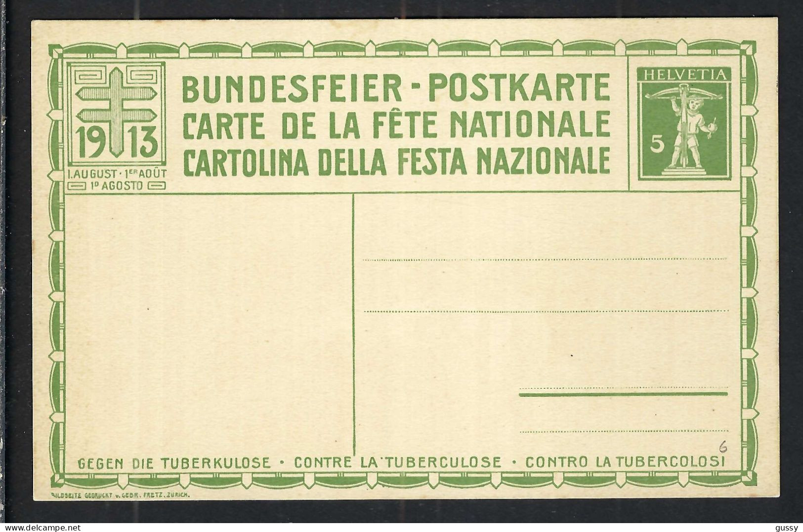 SUISSE Ca.1913: CP Entier De 5c De La Fête Nationale Suisse Neuve - Entiers Postaux