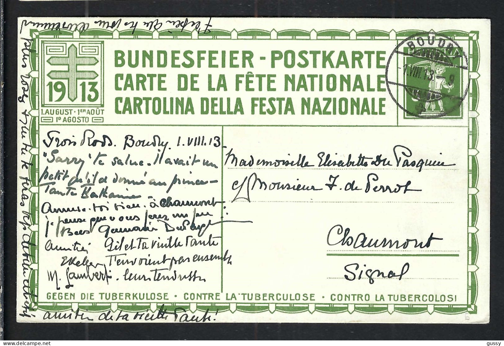 SUISSE Ca.1913: CP Entier De 5c De La Fête Nationale Suisse, Obl. CAD Boudry (VD) Pour Morges (VD) - Entiers Postaux