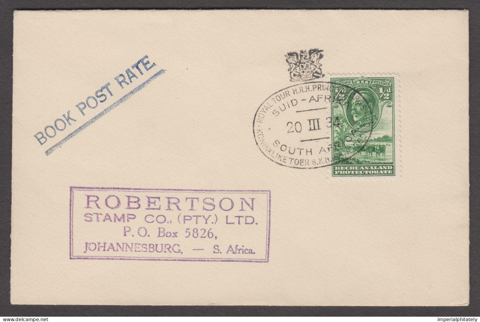 1934 "Royal Tour H.R.H. Prince George / South Africa" Bilingual Crowned Cancel Tying KGV ½d Green (SG 99) For Book Post - 1885-1964 Herrschaft Von Bechuanaland