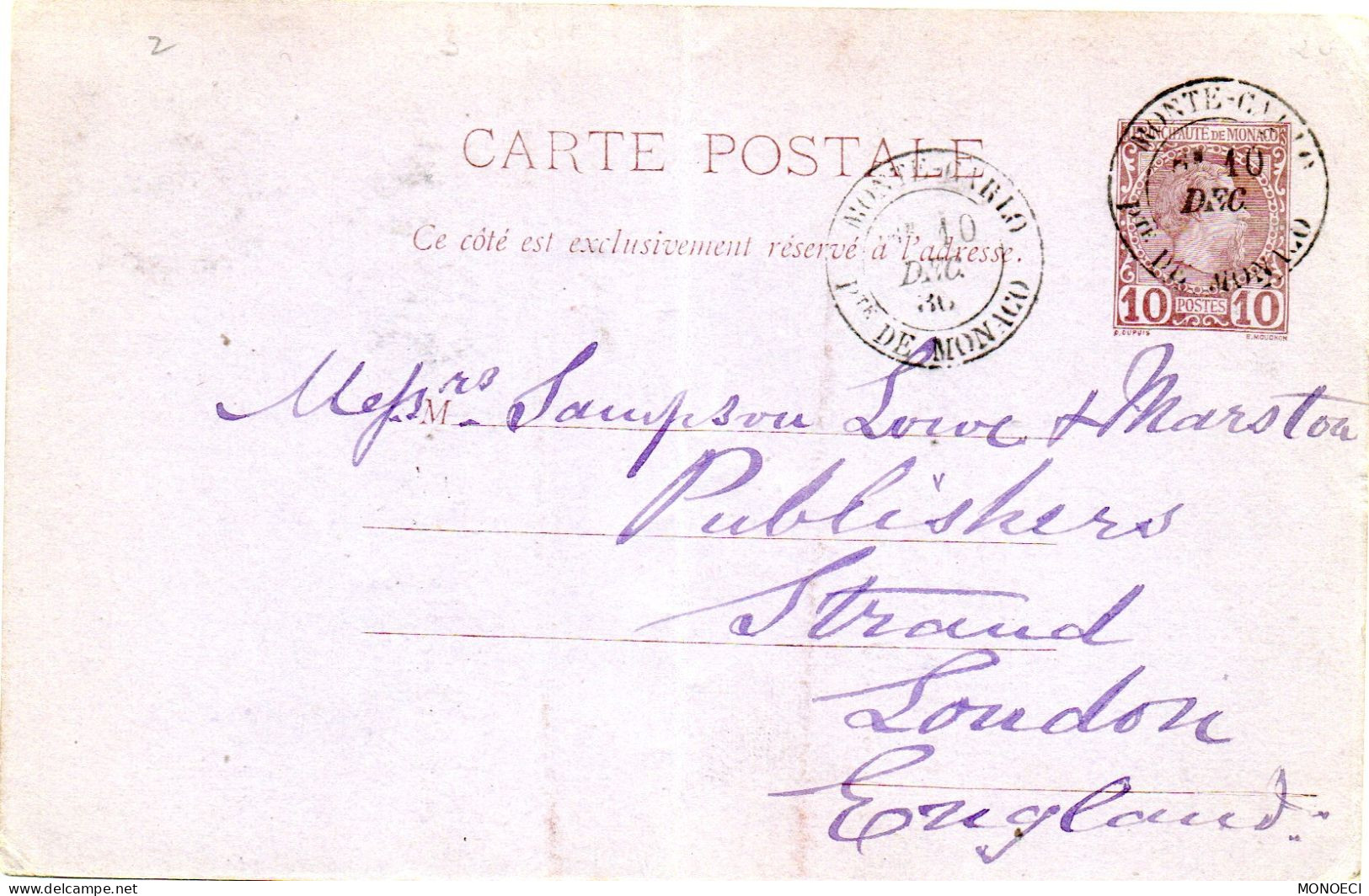 MONACO -- MONTE CARLO -- Entier Postal -- Carte Postale -- Prince Charles III -- 10 C. Brun Sur Lilas (1887) - Entiers Postaux