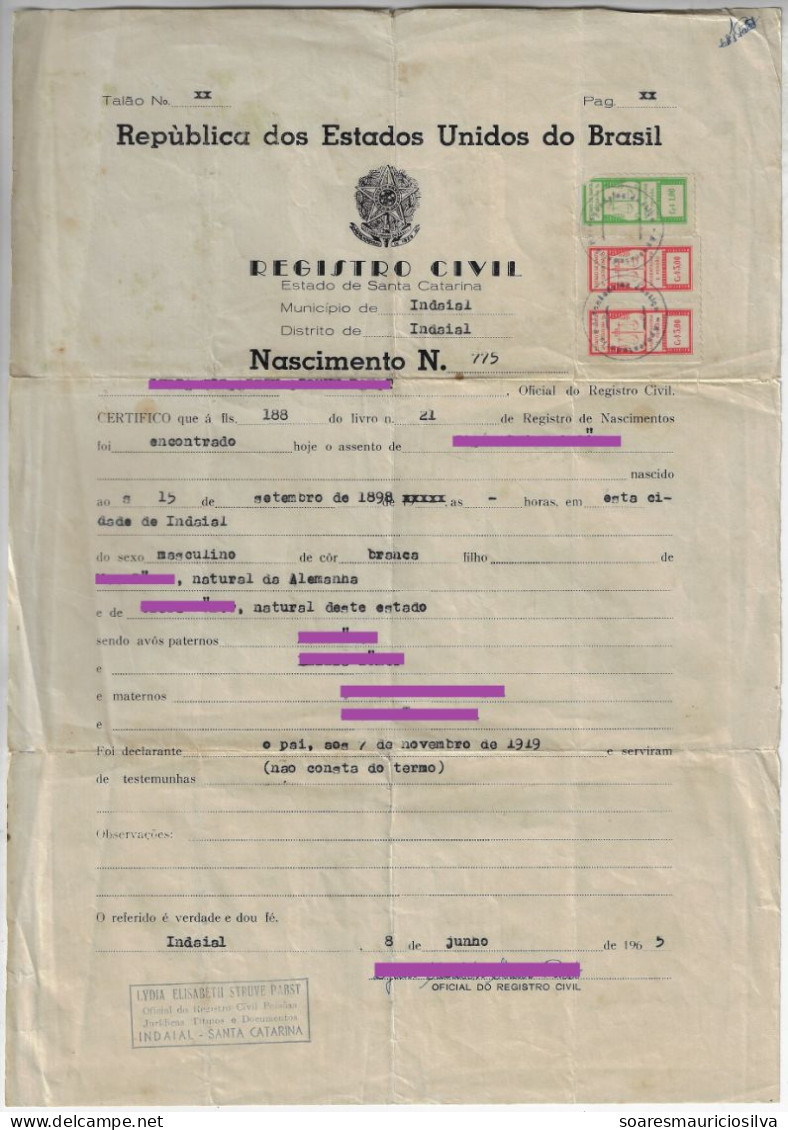 Brazil 1965 Birth Certificate Issued In Indaial Descendant Of German Family State Of Santa Catarina Tax Stamp Cr$1+Cr$5 - Briefe U. Dokumente