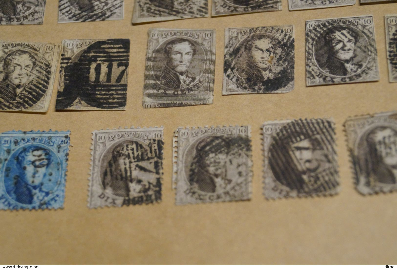 RARE lot de 47 timbres non dentelés,1860-1861,oblitérations de bureau de poste à identifier,timbres
