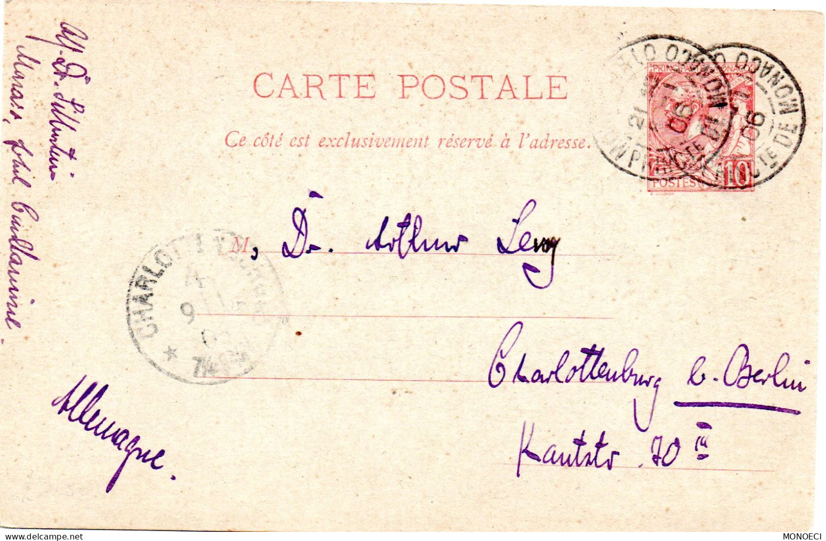 MONACO -- MONTE CARLO -- Entier Postal -- Carte Postale -- Prince Albert 1er -- 10 C. Rouge Sur Vert (1901) - Interi Postali