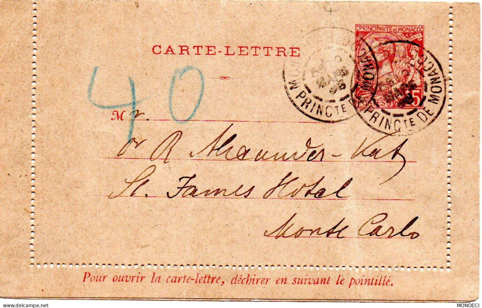 MONACO -- MONTE CARLO -- Entier Postal -- Carte Lettre -- Prince Albert 1er -- 10 C. Carmin Sur Gris (1891) - Interi Postali