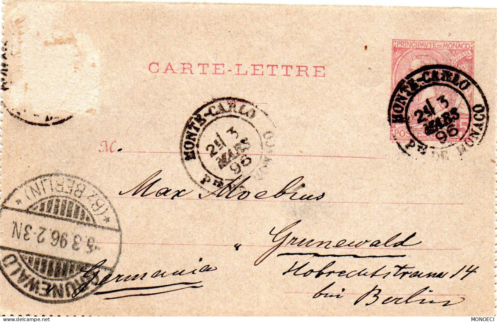 MONACO -- MONTE CARLO -- Entier Postal -- Carte Lettre -- Prince Albert 1er -- 10 C. Carmin Sur Gris (1891) - Entiers Postaux