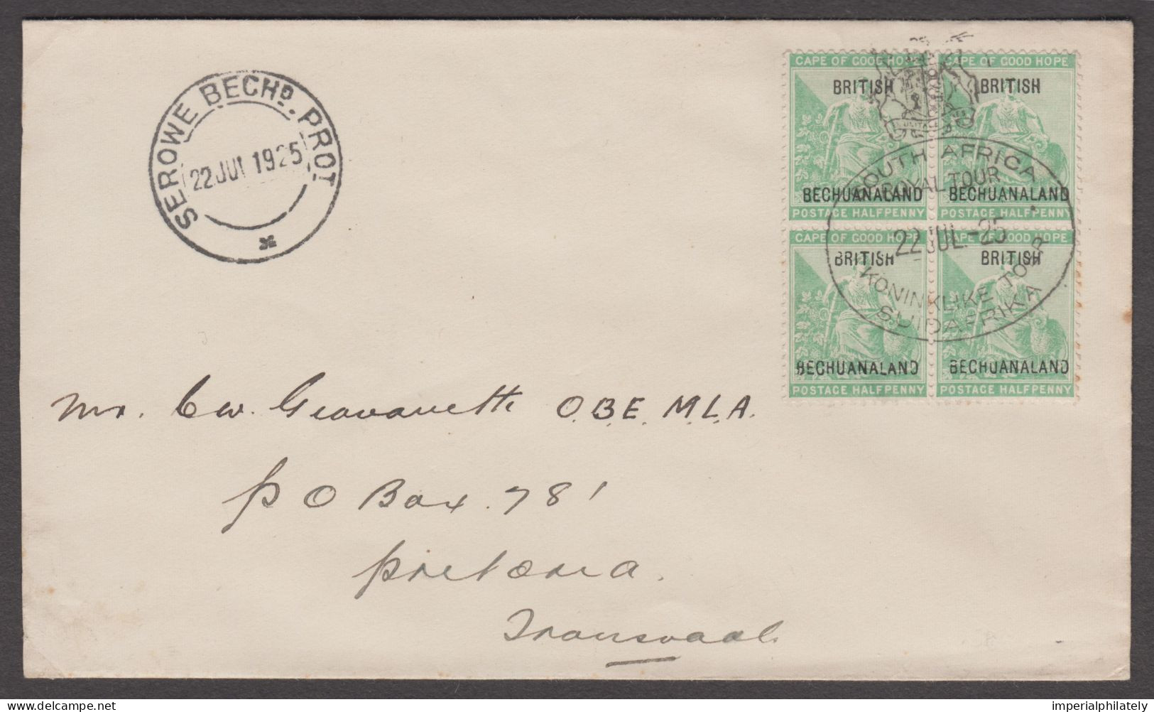 1925 (Jul 22) Envelope With 1897 1/2d Yellow-green Block Of Four Tied "SOUTH AFRICA / ROYAL TOUR" Commemorative Oval Ds - 1885-1964 Protectoraat Van Bechuanaland