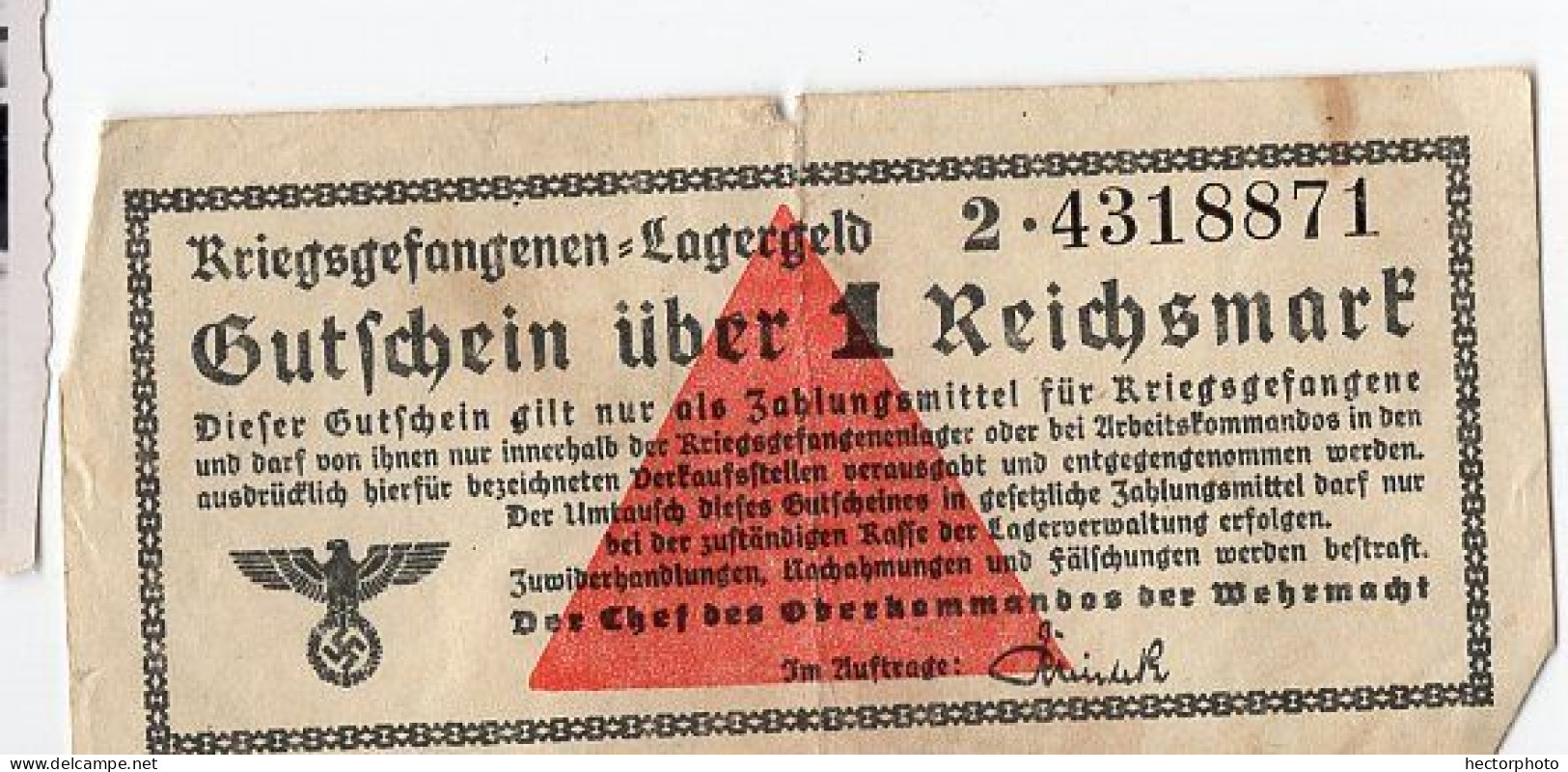 Billet Camp Prisonnier Allemand Gutfchein Lagergeld 1 REICHSMARK 39-45 WW2 PFENNING MARK Kriegsgefangenen Nr 4318871 - Other & Unclassified