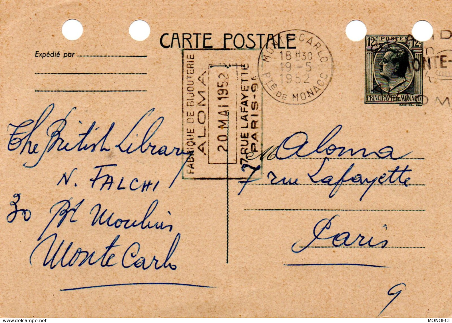 MONACO -- MONTE CARLO -- Entier Postal -- Carte Postale -- Prince Louis II -- 12 Francs Gris Vert Sur Chamois  (1949) - Entiers Postaux