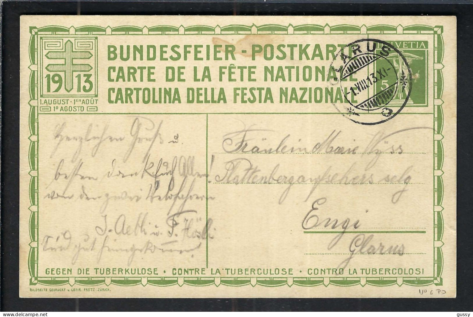 SUISSE Ca.1913: CP Entier De 5c De La Fête Nationale Suisse, Obl. CAD Glaris (GL) Pour Engi (GL) - Entiers Postaux