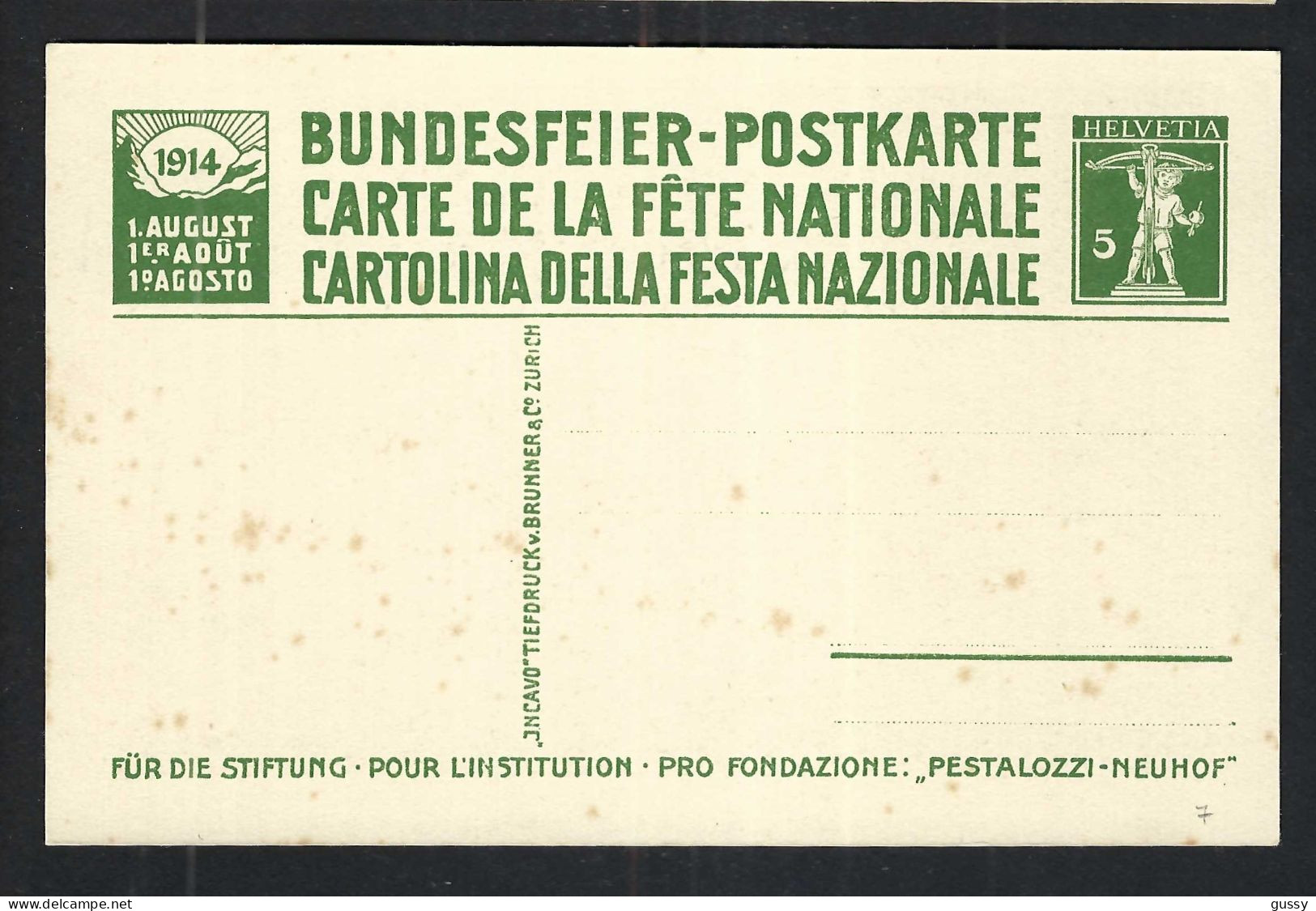 SUISSE Ca.1914: CP Entier De 5c De La Fête Nationale Suisse, Neuve - Entiers Postaux