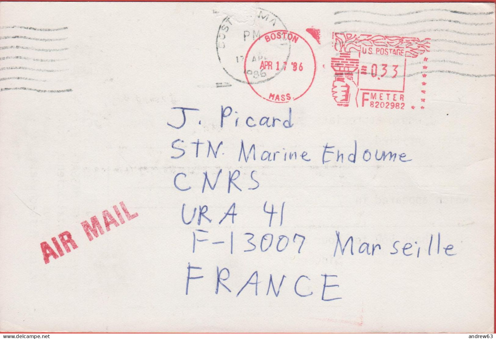 STATI UNITI - UNITED STATES - USA - US - 1986 - 0.33 EMA, Red Cancel - Air Mail - Viaggiata Da Boston Per Marseille, Fra - Cartas & Documentos