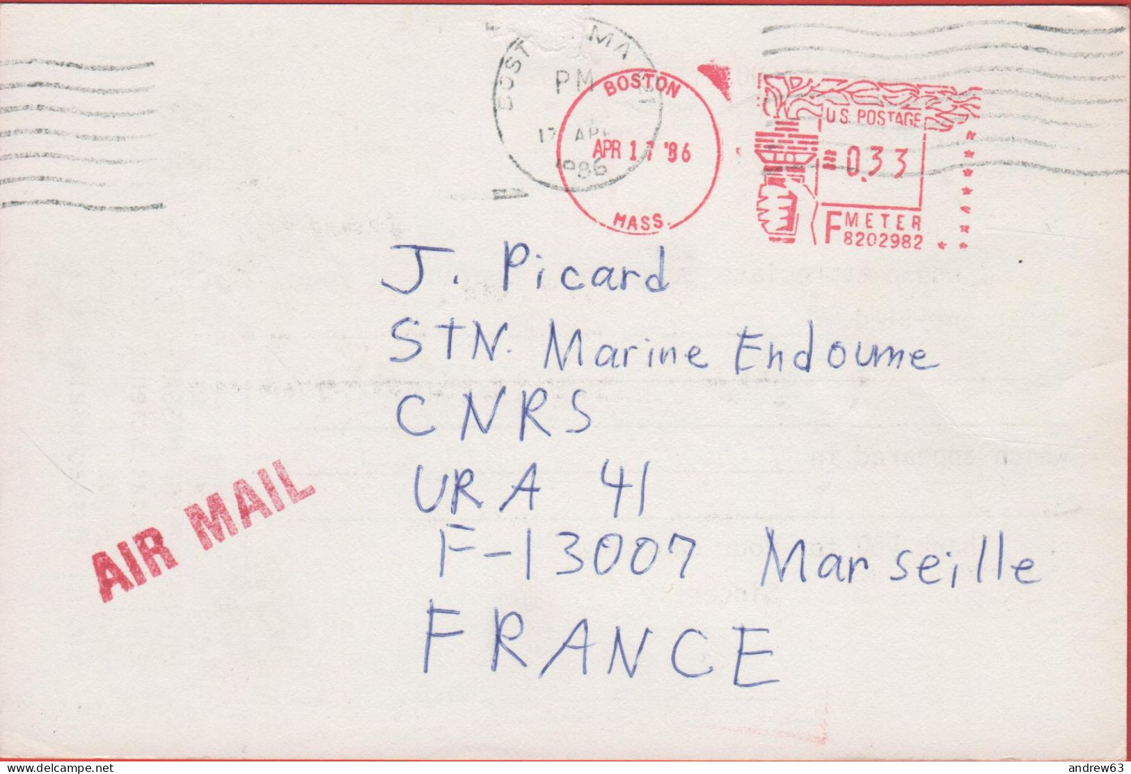 STATI UNITI - UNITED STATES - USA - US - 1986 - 0.33 EMA, Red Cancel - Air Mail - Viaggiata Da Boston Per Marseille, Fra - Covers & Documents