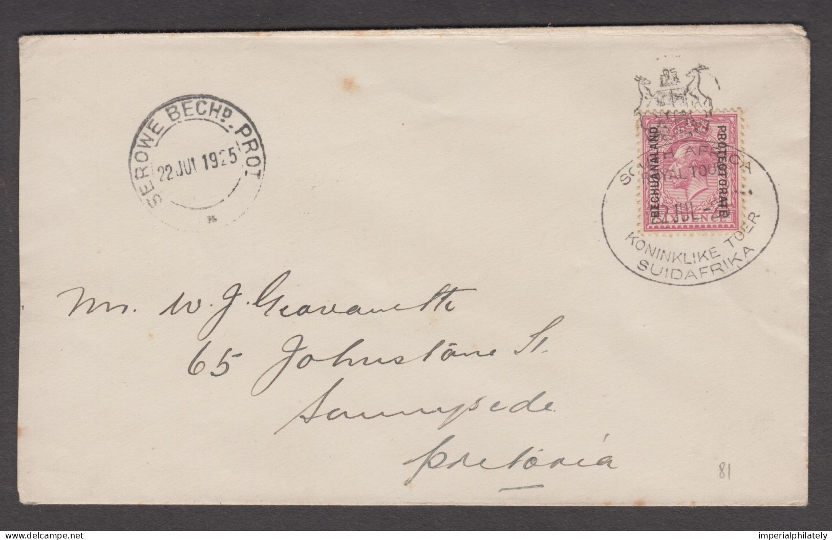 Bechuanaland 1925 (Jul 22) Envelope Bearing KGV 6d Tied By Bilingual "SOUTH AFRICA / ROYAL TOUR" Ds - 1885-1964 Herrschaft Von Bechuanaland