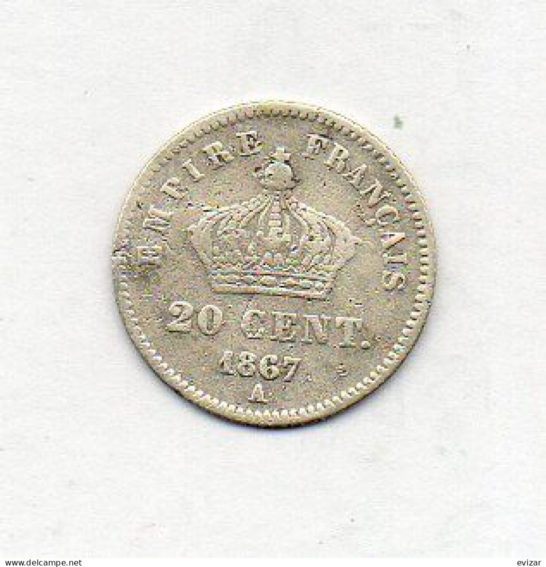 FRANCE, 20 Centimes, Silver, Year 1867-A, KM # 808.1 - 20 Centimes