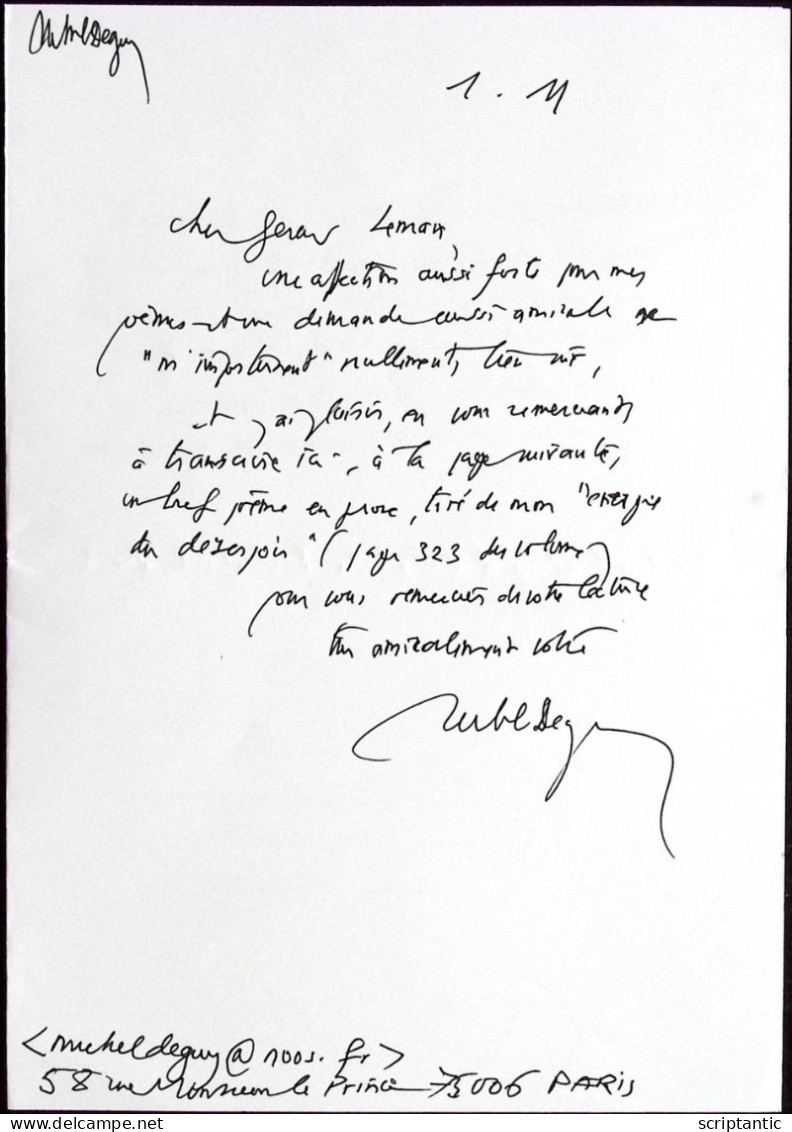 Autographe + Poème Manuscrit Michel DEGUY (1930-2022) POETE - TRADUCTEUR - ESSAYISTE - Ecrivains