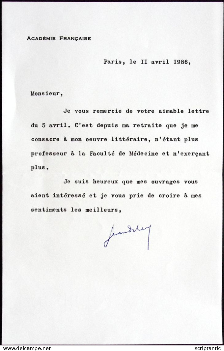 Autographe Jean DELAY (1907-1987) PSYCHIATRE NEUROLOGUE Et ECRIVAIN - ACADEMIE FRANCAISE - Inventeurs & Scientifiques