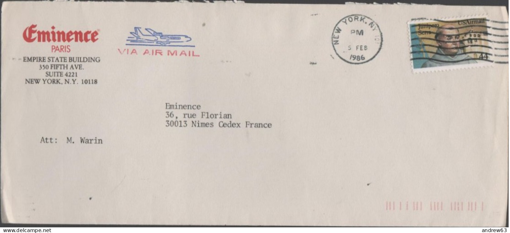 STATI UNITI - UNITED STATES - USA - US - 1986 - 44c Junipero Serra - Air Mail - Eminence - Viaggiata Da New York Per Nîm - Briefe U. Dokumente