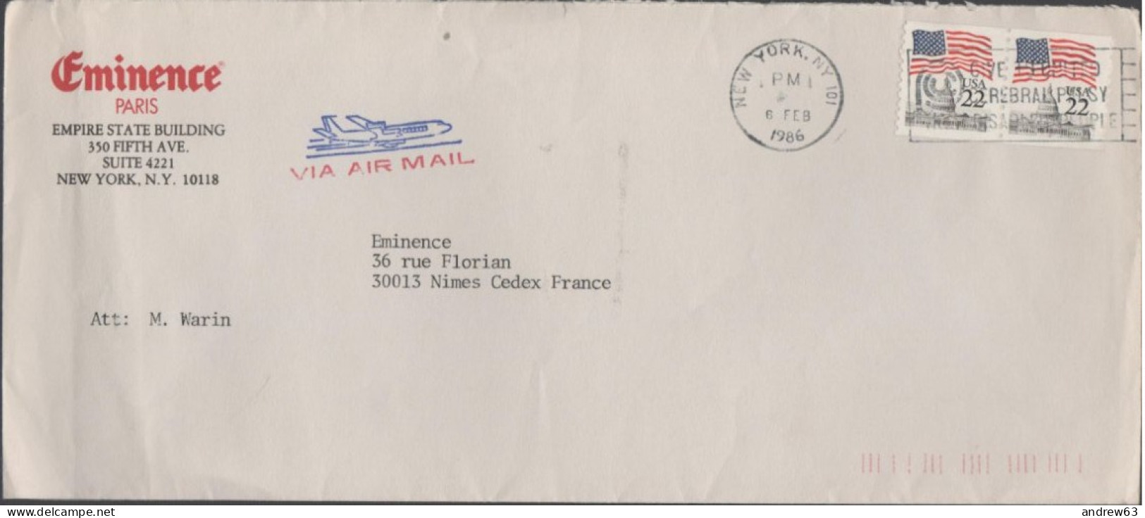 STATI UNITI - UNITED STATES - USA - US - 1986 - 2x 22c Flag - Air Mail - Eminence - Viaggiata Da New York Per Nîmes, Fra - Lettres & Documents