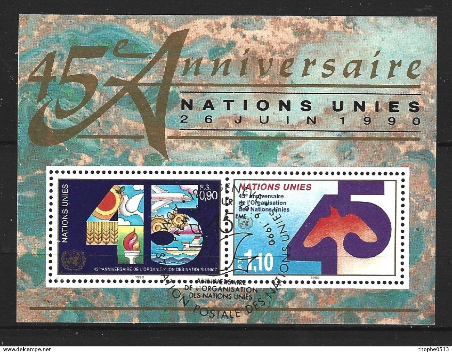 ONU GENEVE. BF 6 Oblitéré De 1990. 45 Ans De L'ONU. - Blokken & Velletjes