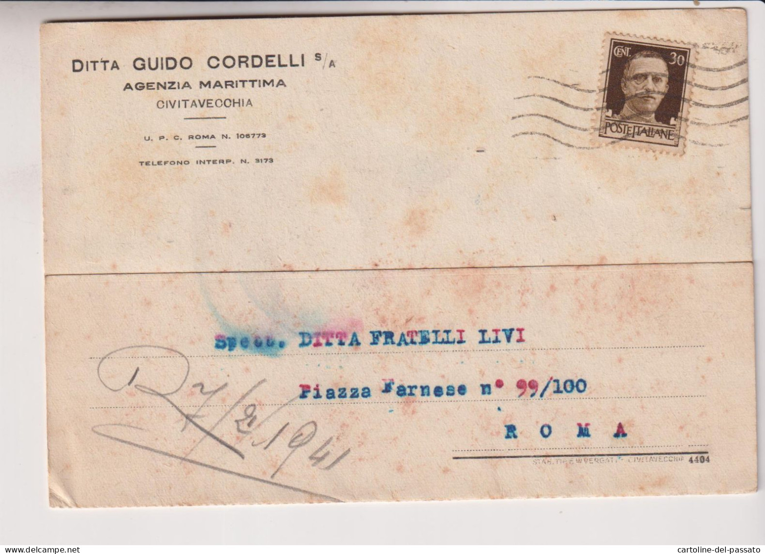 CIVITAVECCHIA ROMA  TESTATINA PUBBLICITA' AGENZIA MARITTIMA DITTA G. CORDELLI  1941 - Civitavecchia