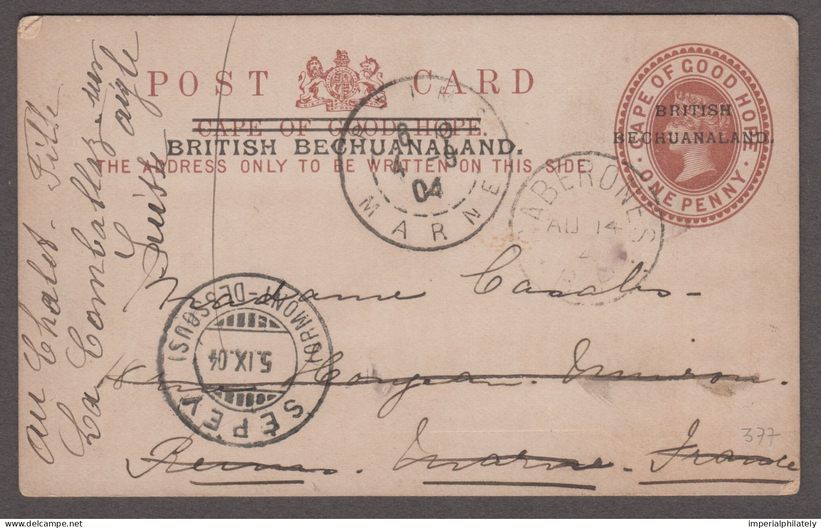 Bechuanaland 1904 Overprinted COGH QV 1d Postcard Sent To France Cancelled By Gaberones / B.P. Cds - 1885-1964 Protectorat Du Bechuanaland