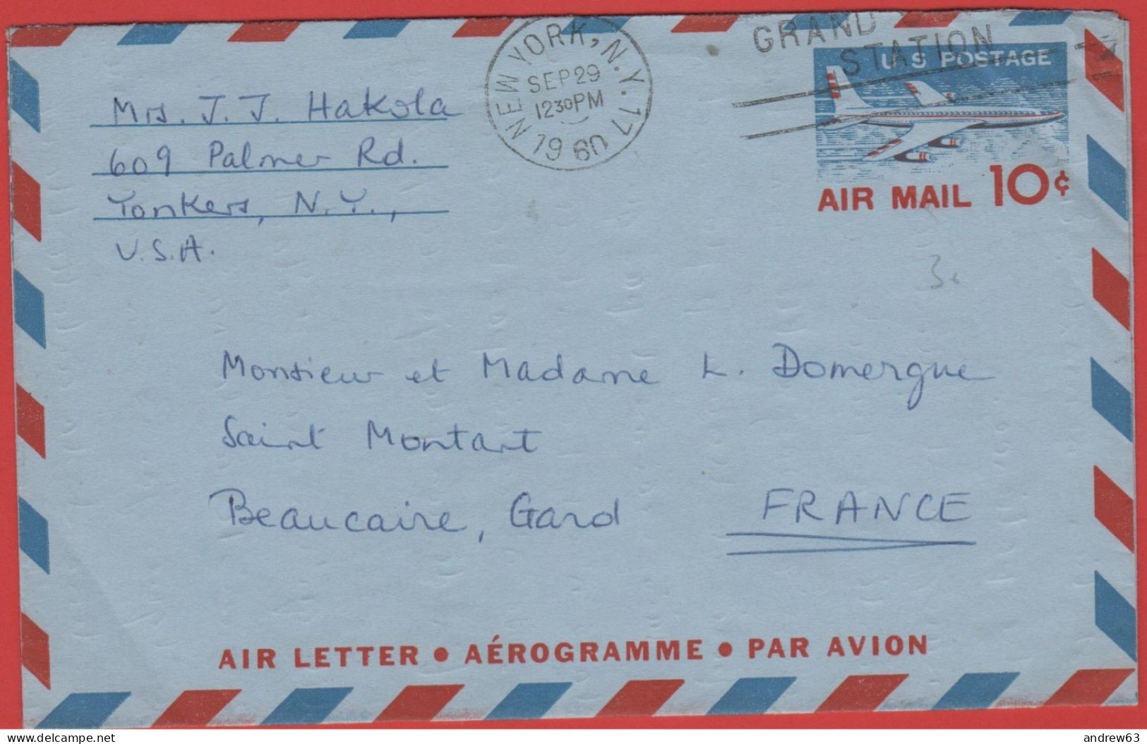 STATI UNITI - UNITED STATES - USA - US - 1960 - 10c Aerogramme - Viaggiata Da Yonkers Per Beaucaire, France - 1941-60