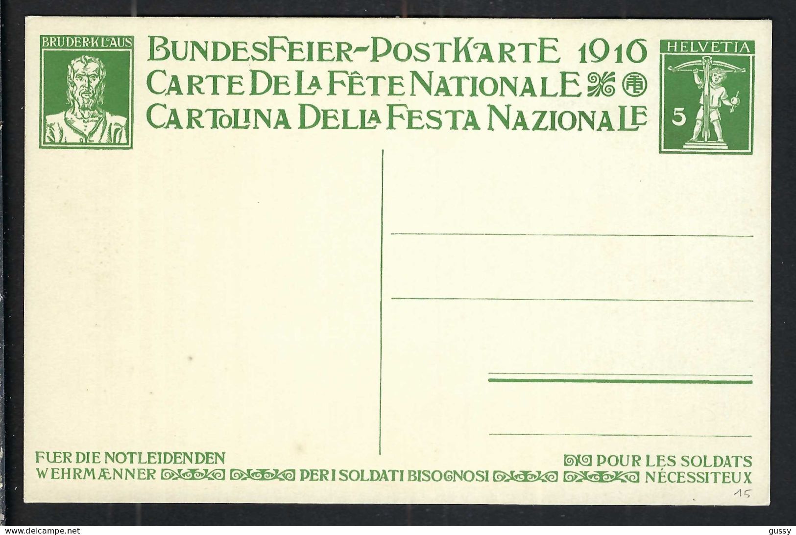 SUISSE Ca.1916: CP Entier De 5c De La Fête Nationale Suisse, Neuve - Entiers Postaux