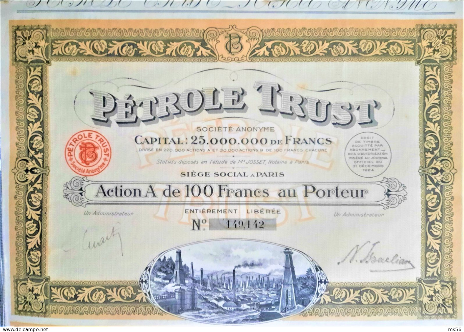 S.A. Pétrole Trust - 1924 - Paris - Action A De 100 Francs - Pétrole