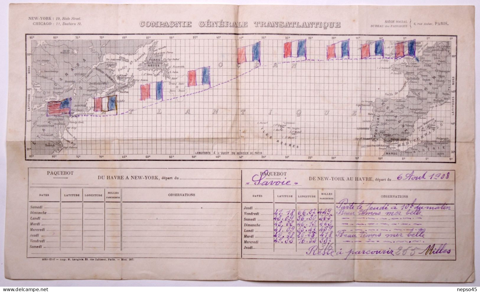 Bateau Compagnie Générale Transatlantique.Paquebot Savoie.Extrait Du Journal De Bord.New-York Au Havre.6 Août 1908. - Otros & Sin Clasificación