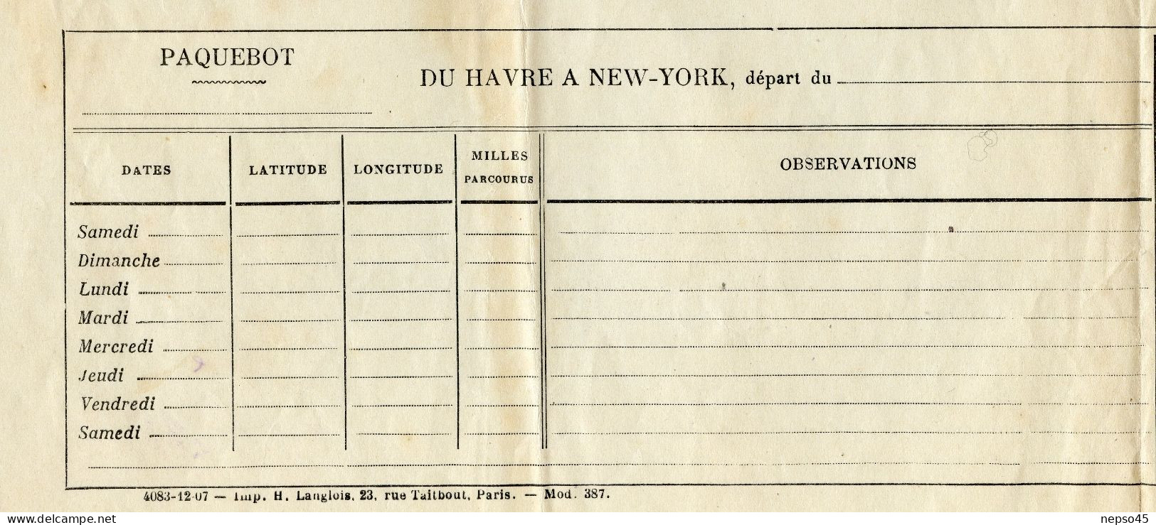 bateau Compagnie Générale Transatlantique.Paquebot Savoie.Extrait du Journal de Bord.New-York au Havre.6 Août 1908.