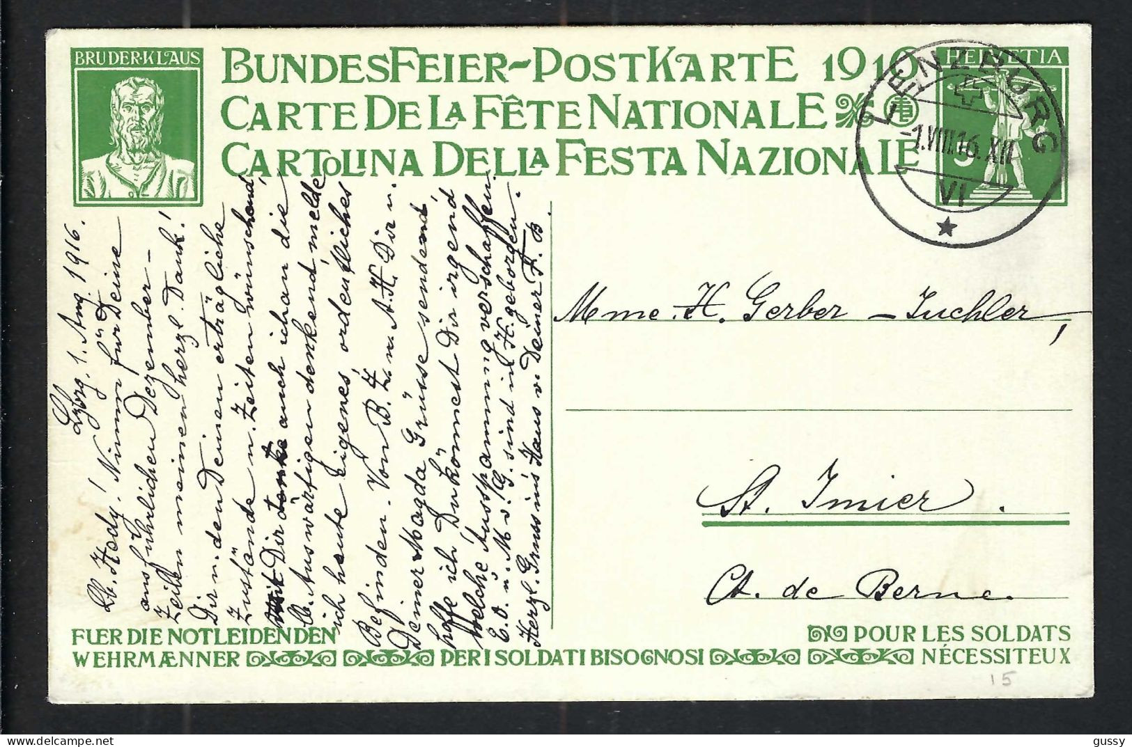 SUISSE Ca.1916: CP Entier De 5c De La Fête Nationale Suisse, Obl. CAD Lenzburg (AG) Pour St Imier (BE) - Entiers Postaux