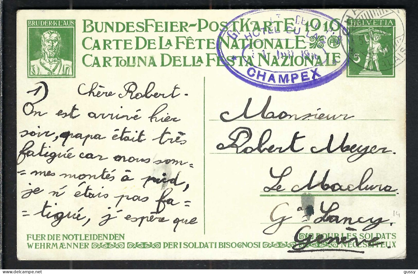 SUISSE Ca.1916: CP Entier De 5c De La Fête Nationale Suisse, Obl. CAD Champex Pour Grand-Lancy (GE) - Entiers Postaux