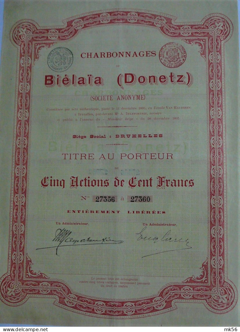 S.A. Charbonnages De Biélaïa (Donetz) -5act.de 100 Fr-titre Au Porteur - Russie