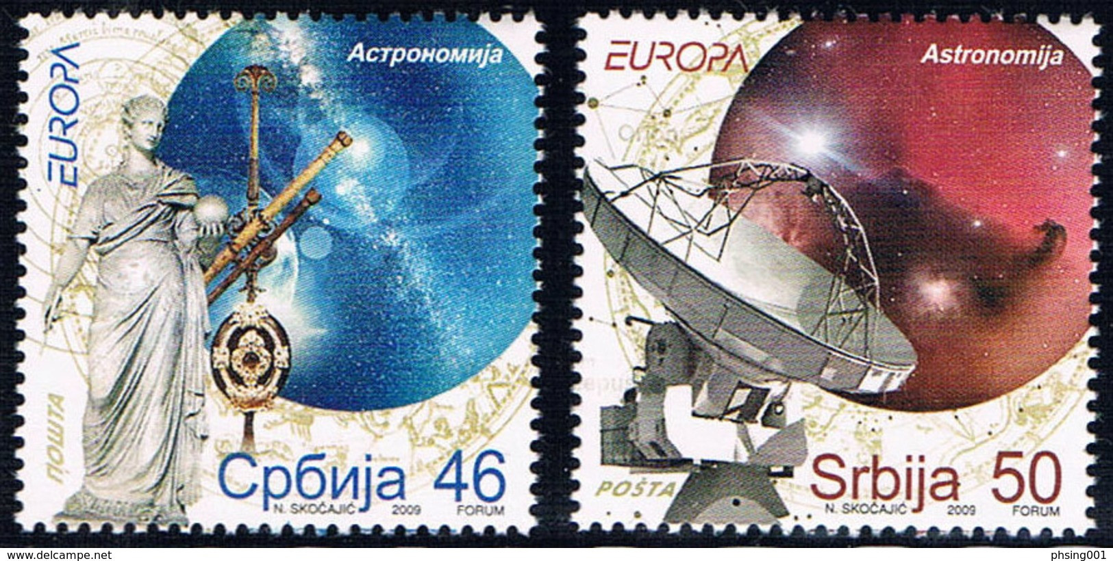 Serbia 2009 Europa CEPT Astronomy Space Goddess Urania Galileo's Telescope Milky Way, Set MNH - 2009