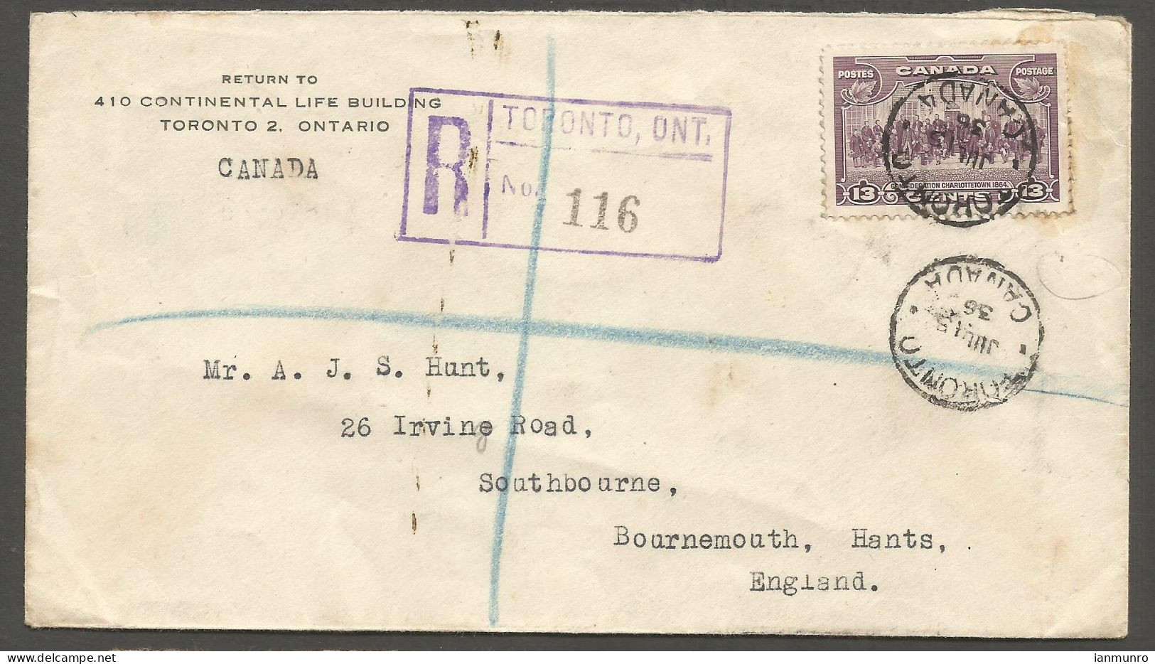 1936 Registered Cover 13c Charlottetown #224 CDS Toronto Ontario To England - Histoire Postale
