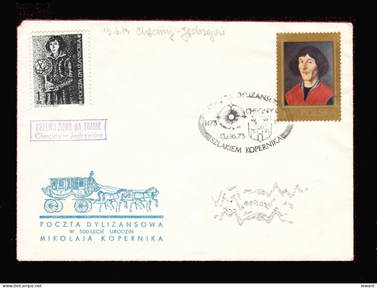1973 Nicolaus Copernicus - Stagecoach Mail_CZA_27_ CHECINY - Brieven En Documenten
