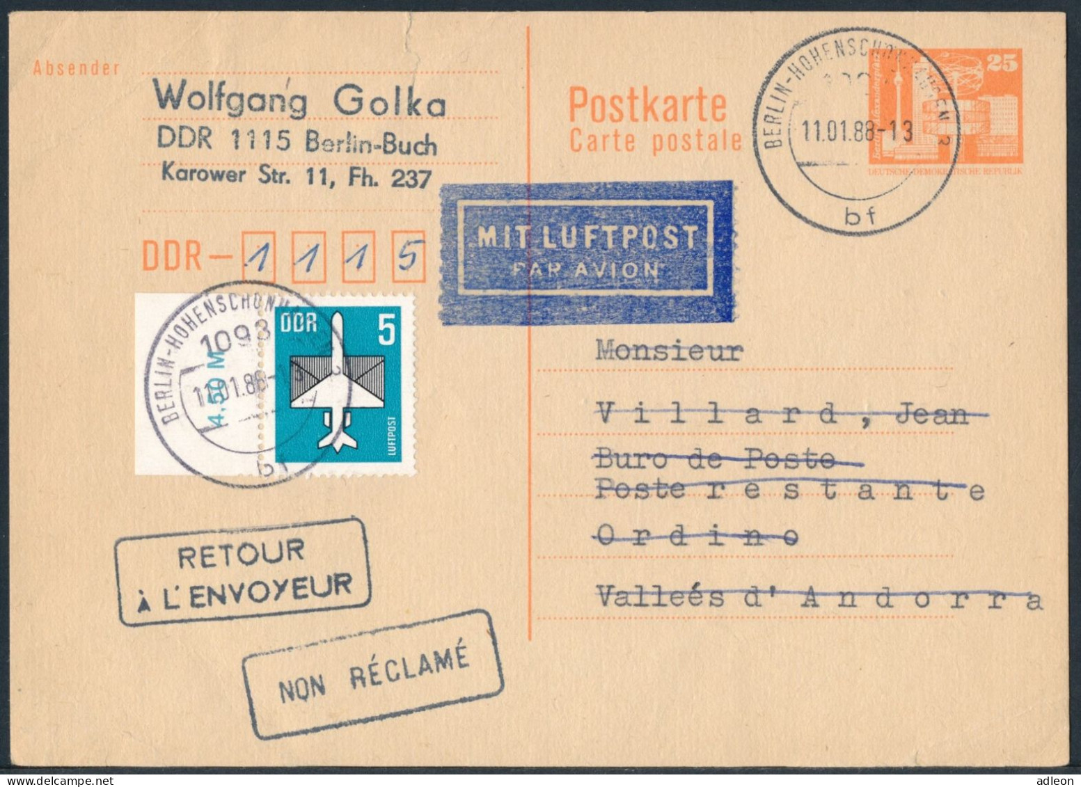 RDA Entier Postal / DDR - Ganzsachen Mi.Nr. P 87 I (1986) Von Berlin 11-1-1988 Nach Andorra - Postkarten - Gebraucht