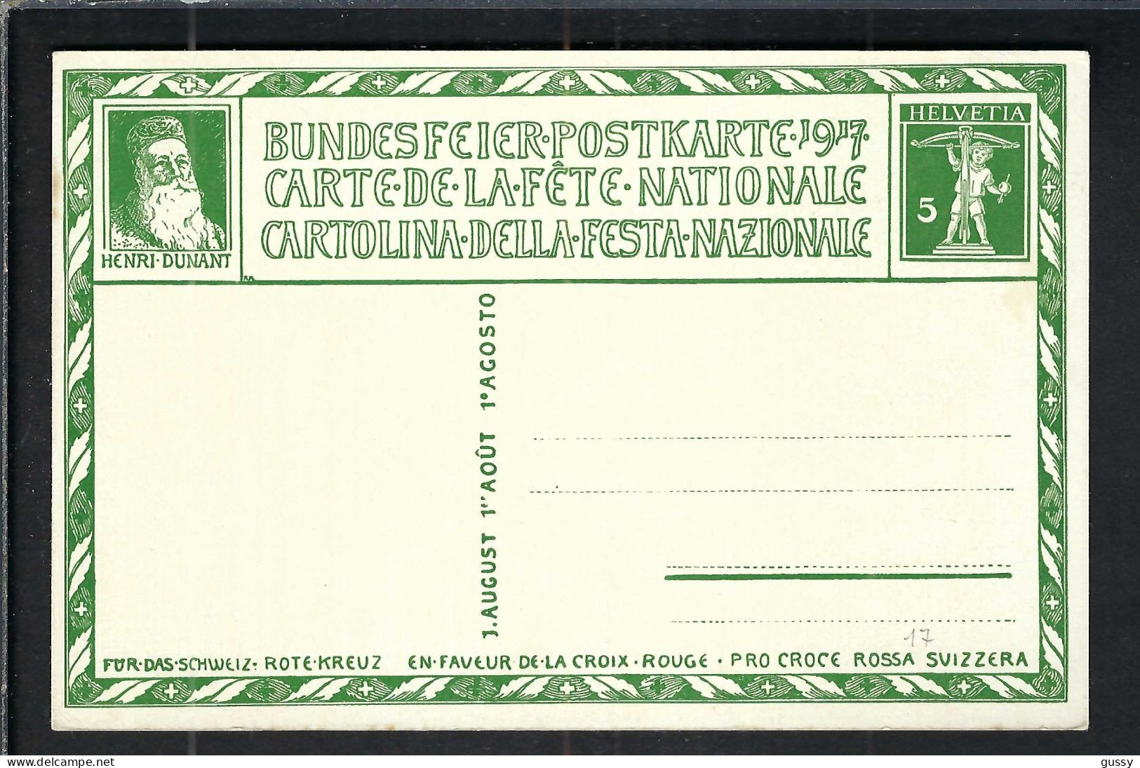 SUISSE Ca.1917: CP Ill. Entier De 5c De La Fête Nationale Suisse, Neuve - Entiers Postaux